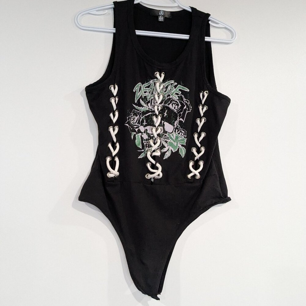 Missguided Graphic Tee Bodysuit with Laces Black White Size 10